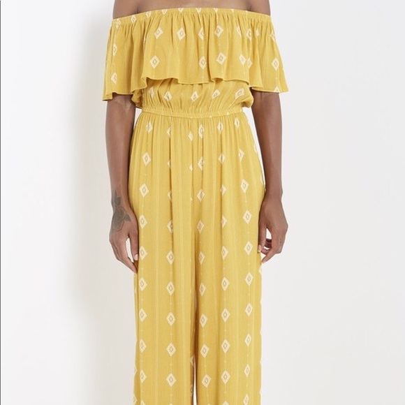 Mustard Boho Off Shoulder Diamond Print Jumpsuit - Picture 1 of 5